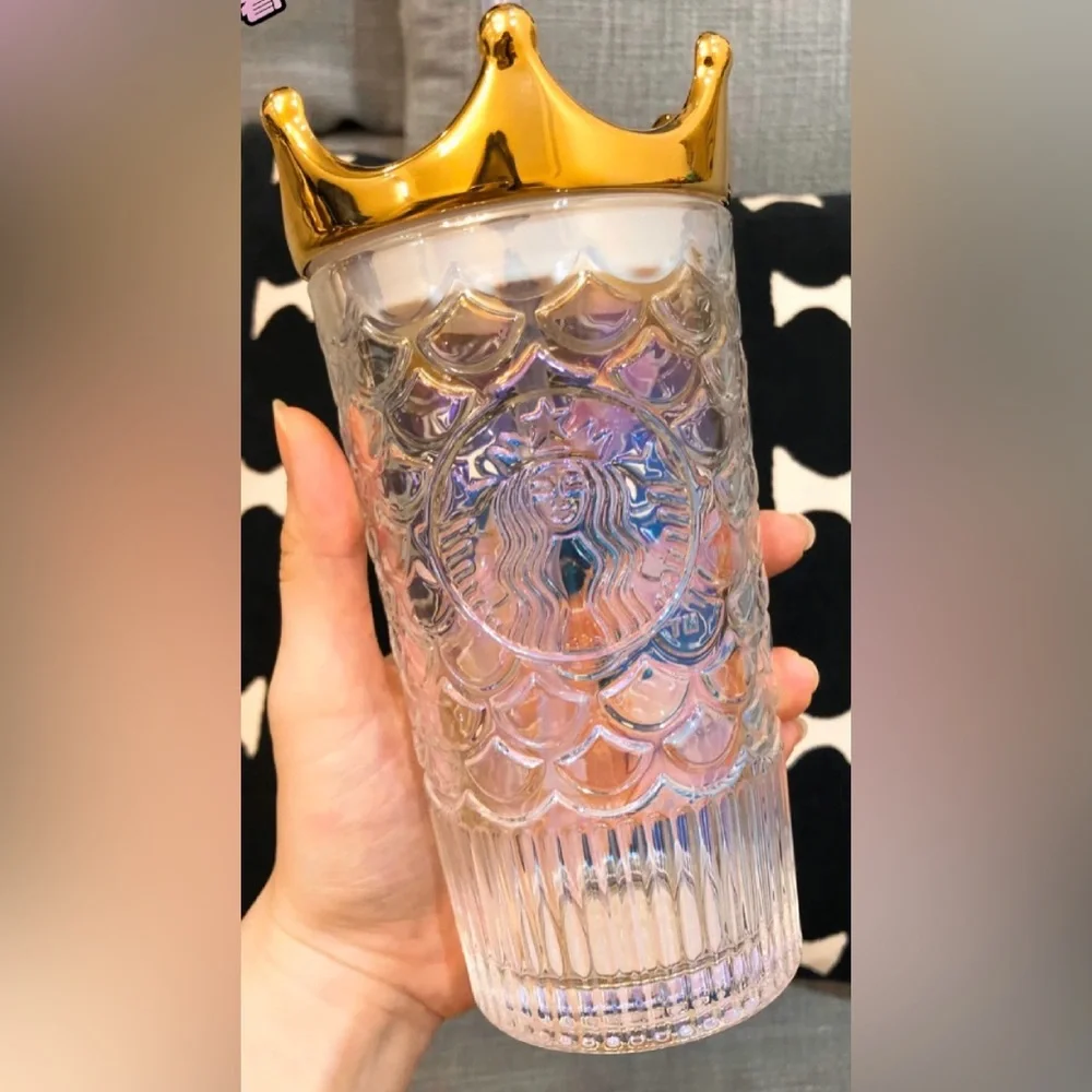 2020 Starbucks Gold Crown Lid Siren Mermaid Scale Iridescent Glass Tumbler 16 oz - Picture 2 of 4
